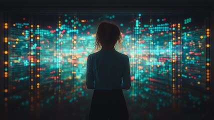 Wall Mural - a woman stands in front of a large screen displaying a cityscape. concept of awe and wonder as the w