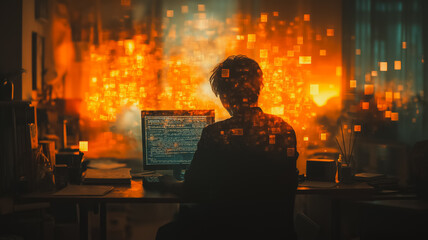 Wall Mural - a man is sitting at a desk with a laptop in front of him. the laptop screen is displaying a computer