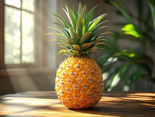 Wall Mural - A vibrant pineapple sits on a wooden table, illuminated by soft sunlight streaming through a window, surrounded by lush green plants.