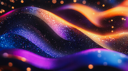 Wall Mural - a colorful wave of glittery material. the colors are purple, blue, and orange. the glitter is scatte