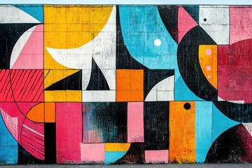 Poster - Vibrant Abstract Geometric Street Art Mural with Bold Colors and Dynamic Lines on Urban Wall