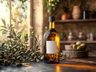 Wall Mural - A beautifully lit bottle of oil sits amidst fresh olives and a rustic backdrop, emphasizing a natural and organic feel.