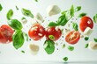 © Pixelpulse Creative  - A dynamic and fresh composition of floating tomatoes, basil leaves and pieces of mozzarella cheese