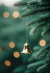Wall Mural - Golden Bell Christmas Ornament Hanging on Festive Evergreen Tree Branch