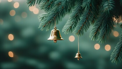 Wall Mural - Golden Bell Christmas Ornament Hanging on Festive Evergreen Tree Branch