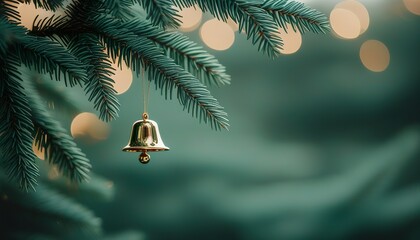 Wall Mural - Golden Bell Christmas Ornament Hanging on Festive Evergreen Tree Branch