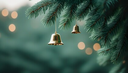 Wall Mural - Golden Bell Christmas Ornament Hanging on Festive Evergreen Tree Branch