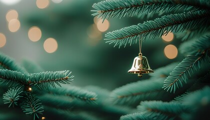 Wall Mural - Golden Bell Christmas Ornament Hanging on Festive Evergreen Tree Branch