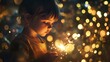 © CREATIVE STOCK - Child Holding Sparkler with Festive Glow and Bokeh Background, Sparkler Writing, New Year's day, New Year's Eve