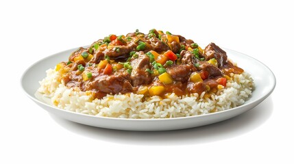 A flavorful dish featuring tender meat, vibrant vegetables, and savory sauce served over fluffy white rice.