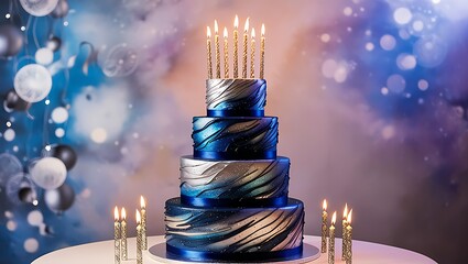 surrounded by a whimsical dreamy blue and metallic silver bokeh light pattern that adds an ethereal ambiance to the scene,