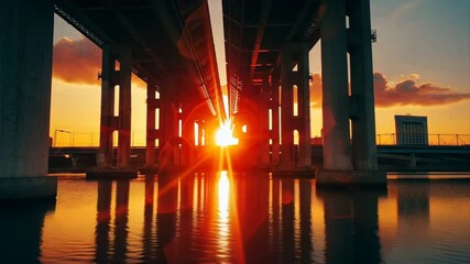 Wall Mural - Evening sunset over city bridge, where vibrant colors dance on waters surface, creating stunning reflection of architecture and clouds, while silhouette of structure captures light beautifully.