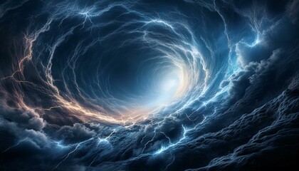 Wall Mural - A swirling wormhole fringed by crackling electricity and surrounded by storm clouds, with a