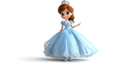 A cartoon princess in a blue dress is standing in front of a white background