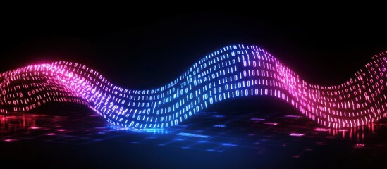 Digital data flowing as a stream of glowing binary code, neon lines illuminating the dark tech background, futuristic data exchange concept 