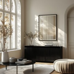 Aufkleber - Scandinavian Interior Design Mockup with Black Sideboard and Airy Light in Modern Living Room