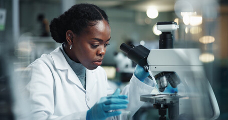 Poster - Black woman, scientist and microscope for lab research and medical study with pharma investigation. Virus, biotechnology and vaccine testing for health science with working healthcare professional