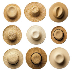 Stylish vintage straw hat collection isolated on transparent background top view