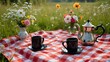 Summer Picnic in a Meadow, Seurat-Style Checkered Tablecloth, Teapot, Mugs & Flowers