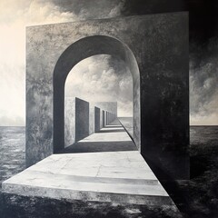 Canvas Print - Monochromatic Architectural Perspective: A Journey Through Grey Stone Arches