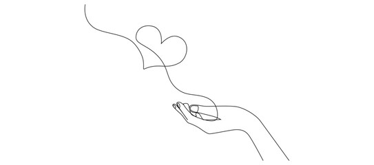 One continuous line drawing of hands holding heart. Concept of love relationship and volunteer organisation symbol in simple linear style. Editable stroke. Doodle Vector illustration eps 10