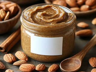 Wall Mural - A jar of almond butter surrounded by almonds and a wooden spoon, evoking a healthy, natural snack option.