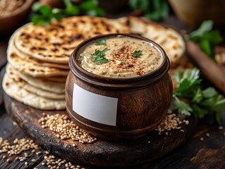 Wall Mural - A rustic bowl of creamy dip surrounded by freshly baked flatbreads and garnished with herbs, creating a warm, inviting meal.