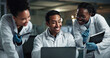 © Clement/peopleimages.com - Man, group and scientist with laptop, smile and laboratory for results, progress or medical research. People, team and tablet with diversity at night for drugs, vaccine or good news for pharma career