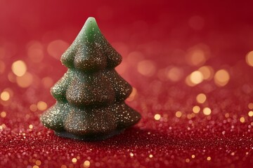 Wall Mural - Close-up of a green Christmas tree-shaped candle on a red background with golden glitter, creating a festive and holiday atmosphere.