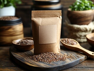 Wall Mural - A brown paper bag filled with seeds sits on a wooden board, surrounded by wooden bowls and a rustic backdrop, highlighting natural ingredients.