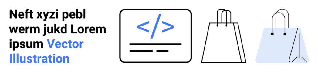 Text in black and blue, HTML code icon, shopping bags signify online business, e-commerce stores, website development. Ideal for online shopping, store design, web development, coding tutorials