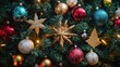© Cambo27 - A collection of colorful Christmas tree ornaments including baubles, stars, and snowflakes, scattered around the tree