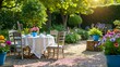 © RABBI - Serene Garden Tea Party, Pebble Path, Flowers, Wooden Chairs, and Lace Tablecloth