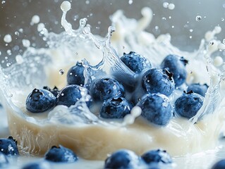 Wall Mural - A dynamic splash of milk surrounds fresh blueberries, creating an appealing and vibrant scene showcasing the freshness of the fruit.