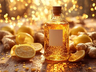 Wall Mural - A bottle of golden oil surrounded by fresh lemons and ginger, set against a sparkling background, evokes a warm, inviting atmosphere.