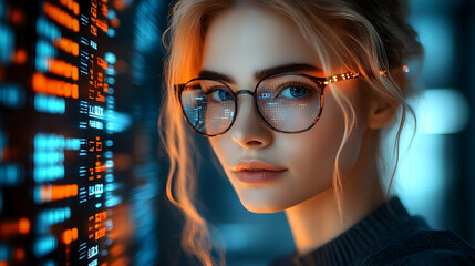 Woman Codes: Digital World, Future Tech, Bright Screens,  Intriguing Data Streams,  Night Vision
