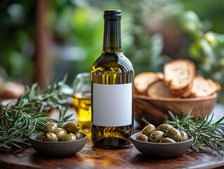 Wall Mural - A bottle of olive oil sits on a wooden table, surrounded by olives, bread, and rosemary, creating a fresh and appetizing culinary scene.