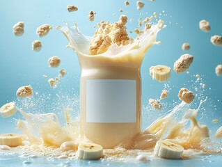 Wall Mural - A creamy banana smoothie splashes dramatically from a jar, surrounded by banana slices and splattering liquid against a blue backdrop.