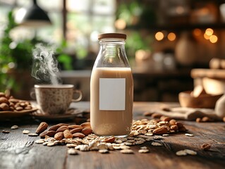 Wall Mural - A glass bottle of creamy beverage sits on a rustic wooden table, surrounded by almonds and oats, with a steaming cup in the background.