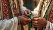 © RABBI - Ancient Middle Eastern Wedding, Groom Tying Green Ribbons on Bride's Rings