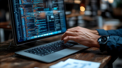 Programmer Codes Efficiently on Laptop at Night