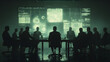 © Aditya - Silhouetted figures sit around a large table in a darkened room, facing a wall of glowing green screens displaying data and code. The scene evokes a sense of secrecy and high-stakes decision-making.