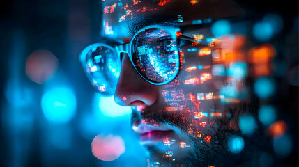 Coding at Night: Digital City Reflections in Glasses, Illuminated Face