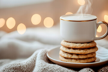 Steaming hot drink in a cup with cookies on a cozy knitted blanket.