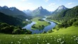 © artzone - Scenic mountain landscape with a winding river and lush greenery.