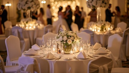 Elegant White Wedding Reception Banquet Hall, Nighttime Indoor Event with White Flowers, Candles, and Dancing Guests