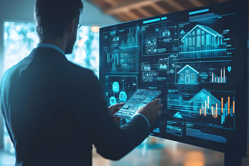 Wall Mural - a businessman interacting with an interactive virtual screen, analyzing real estate investment oppor