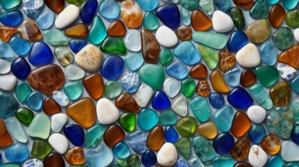 Sea Glass Mosaic, patterns made from Ocean glass, its a lifestyle background made with natural colours of blue, green, brown and white, hand made feeling like handcraft. Beach Glass, Sea Glass. brocen