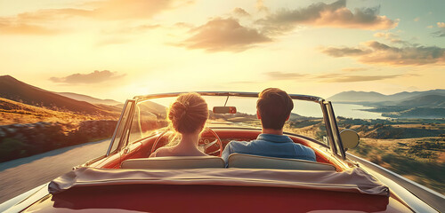 Wall Mural - a couple traveling in a classic car, passing beautiful scenic landscapes, symbolizing freedom, joy, 