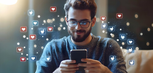 Wall Mural - close-up of a man using his phone, with digital icons representing social media activity like likes 